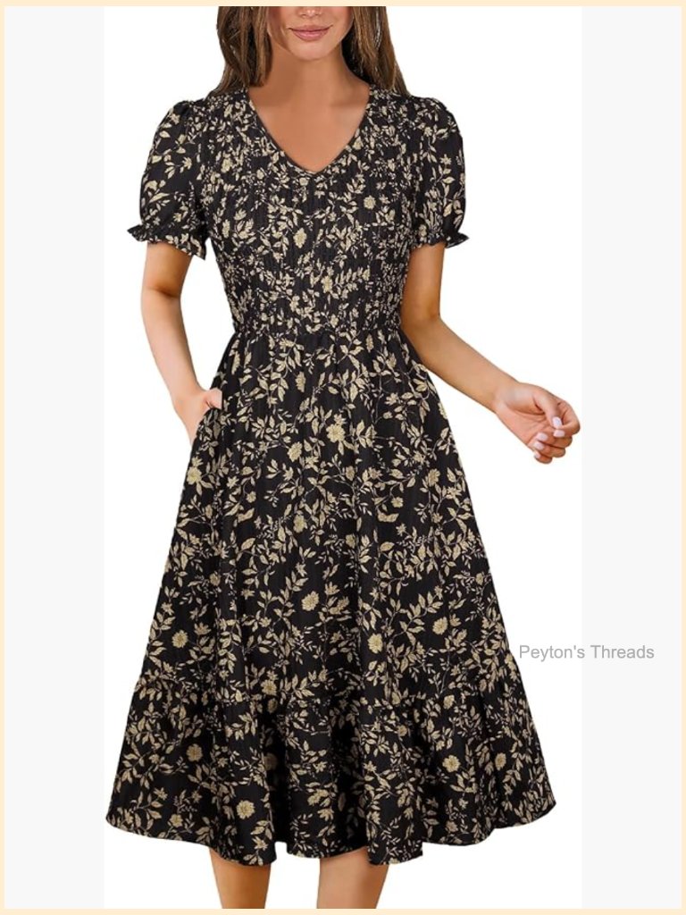 Womens Midi Dress V Neck Puffy Sleeve Smocked Tiered Floral With Pockets
